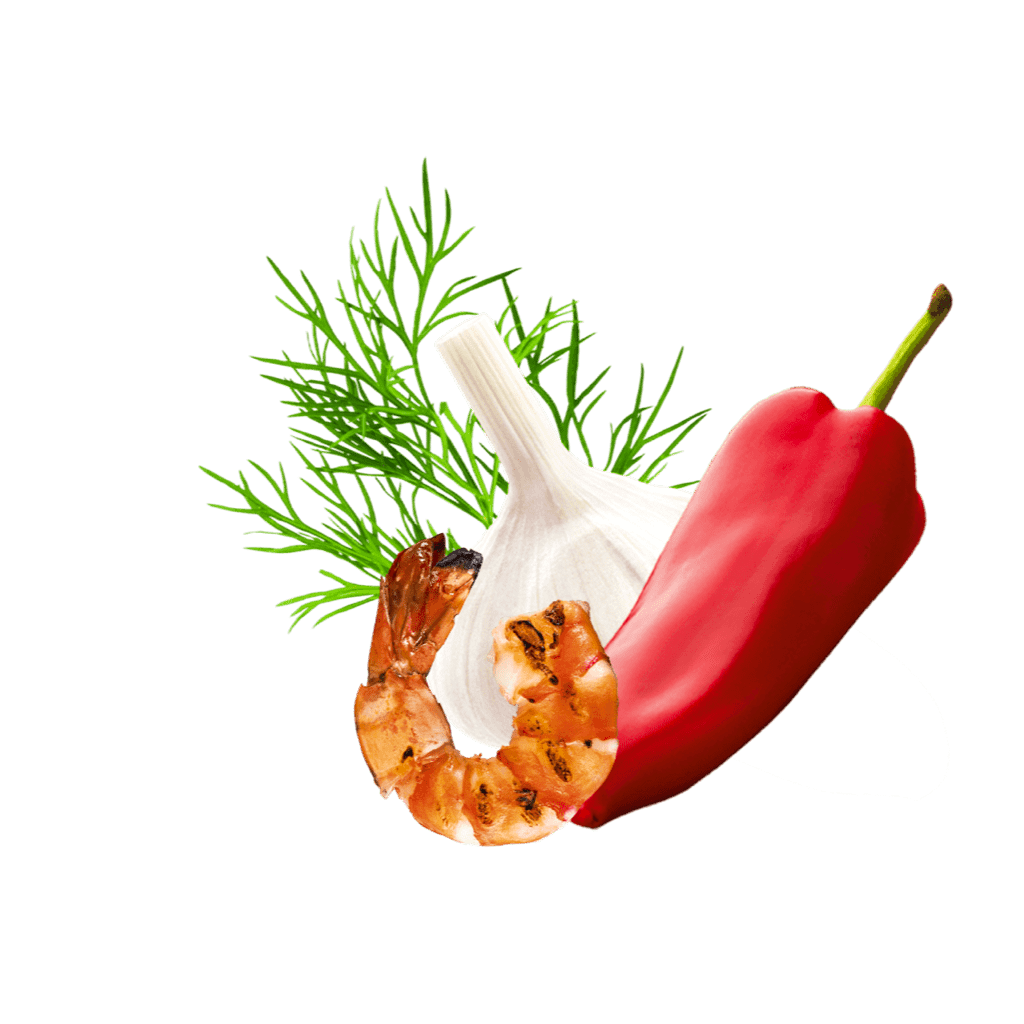 Knoblauch, Paprika Dillspitzen und ein gegrillter Shrimp