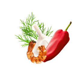 Knoblauch, Paprika Dillspitzen und ein gegrillter Shrimp