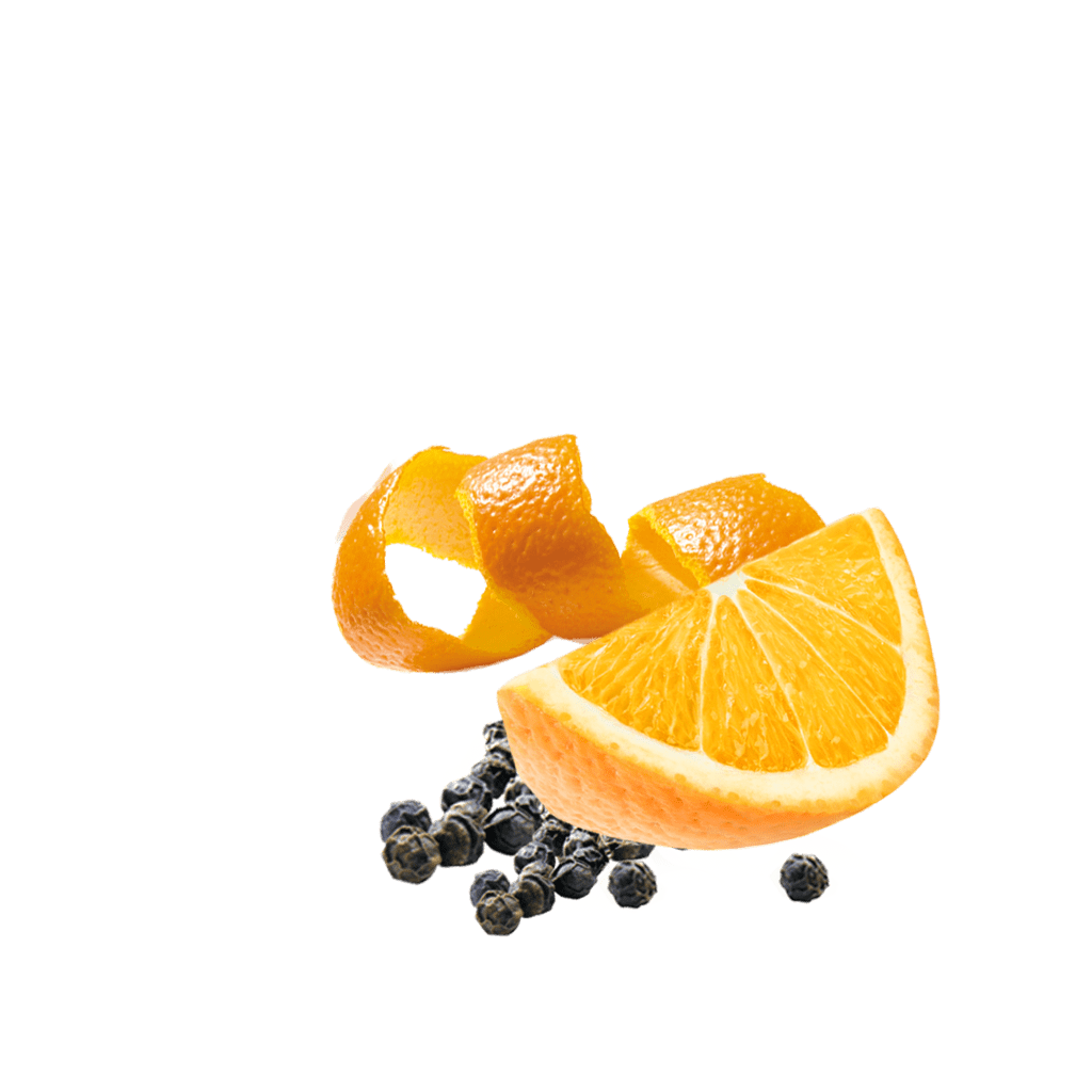 Orangenspalte und Orangenschale mit Pfefferkörnern