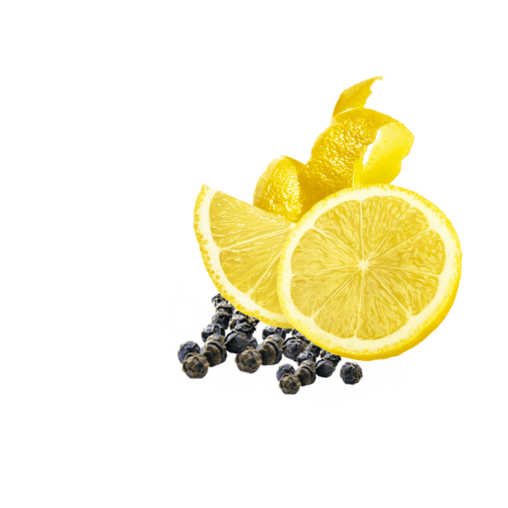 Zitronenschiebe und Schale mit schwarzem Pfeffer